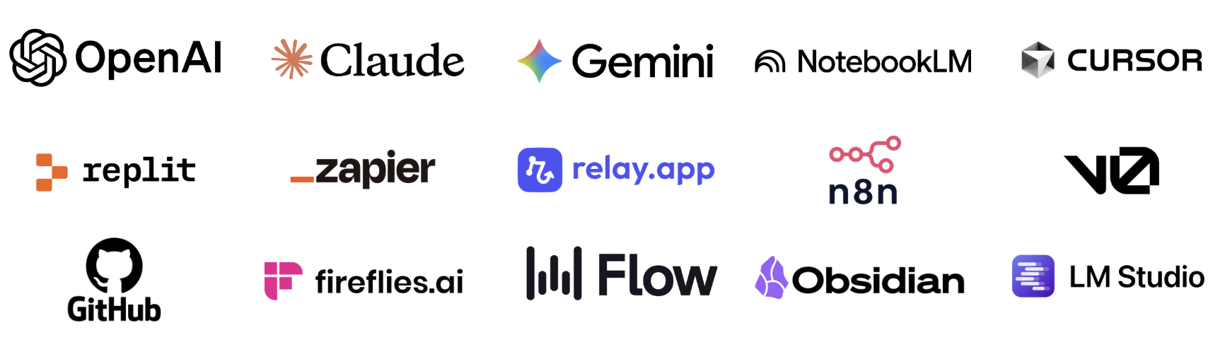 AI tools including OpenAI, Claude, Gemini, NotebookLM, Cursor, Replit, Zapier, Relay.app, n8n, v0, GitHub, Fireflies.ai, Flow, Obsidian, and LM Studio